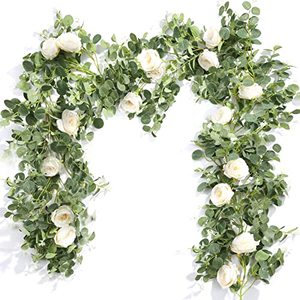 lot 14413 image: Der Rose 4 Pack 13Ft Artificial Eucalyptus Flower Garland with Fake Silk Rose Flower Vine Seeded Eucalyptus Leaves Greenery Garland for Wedding Arch Table Wall Backdrop Party Room Decor (Champagne)