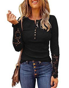 lot 14425 image: Limerose Womens Long Sleeve Lace Trim Tunic Tops Button Down Casual Blouse Cute Crew Neck Ribbed Shirt (Black, Medium)