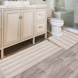lot 14430 image: Bathroom Rugs Bath Rug Set 2 Piece Bathroom Contour Rug Toilet Mat Sets Non Slip Contour Bath Rug Set Ultra Thick Water Absorbent Striped Bath Mats Washable(47 x 17 Plus 20 x 20 U, Ivory)