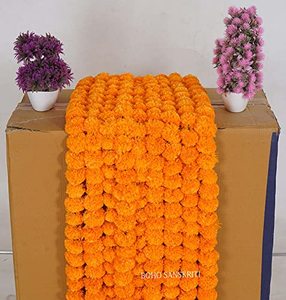lot 14437 image: Boho Sanskriti 10 Mango Color Artificial Strings Marigold Flower 4.5 FEET Long for Parties Weddings Indian Theme Decorations Home Decoration Diwali Festival Christmas Garland Mehndi, Yellow