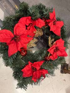 lot 54716 image: 24 In. Silk Poinsettia Artificial Wreath Gold Fern Sprigs & Pinecones Decoration