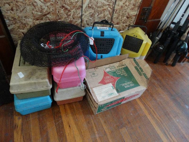 lot 165 image: 2 bait buckets, lot of fishing poles, 4 tackle boxes & weights.