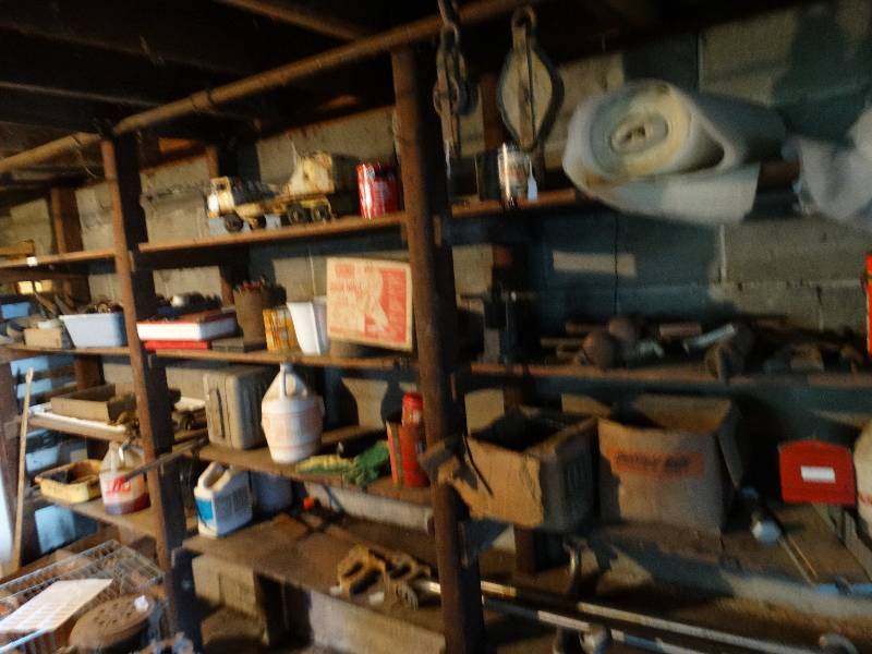 lot 208 image: All contents on 3 shelves. Shot gun shells, stadium seat, jars