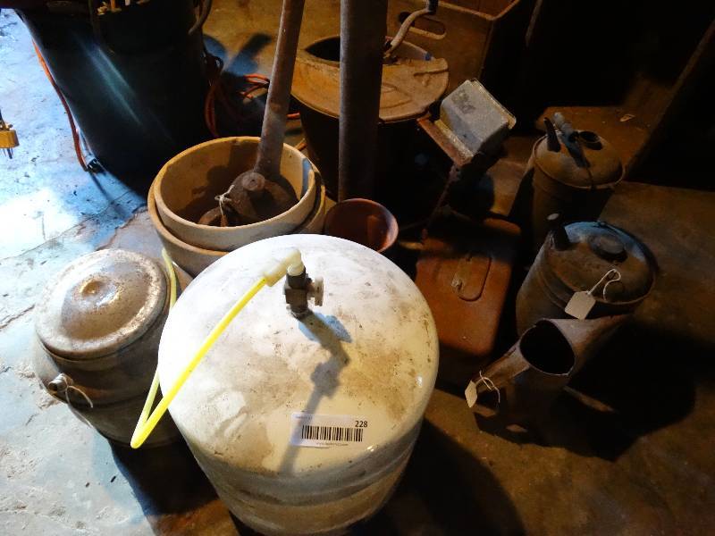 lot 228 image: Coleman water tank, old metal containers.