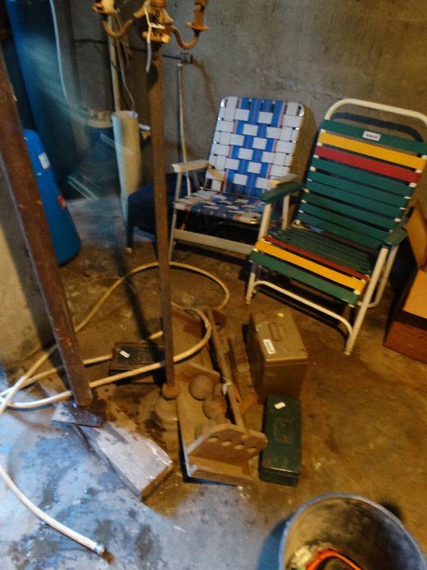 lot 232 image: 3 tool boxes, old croquet parts, old lamp