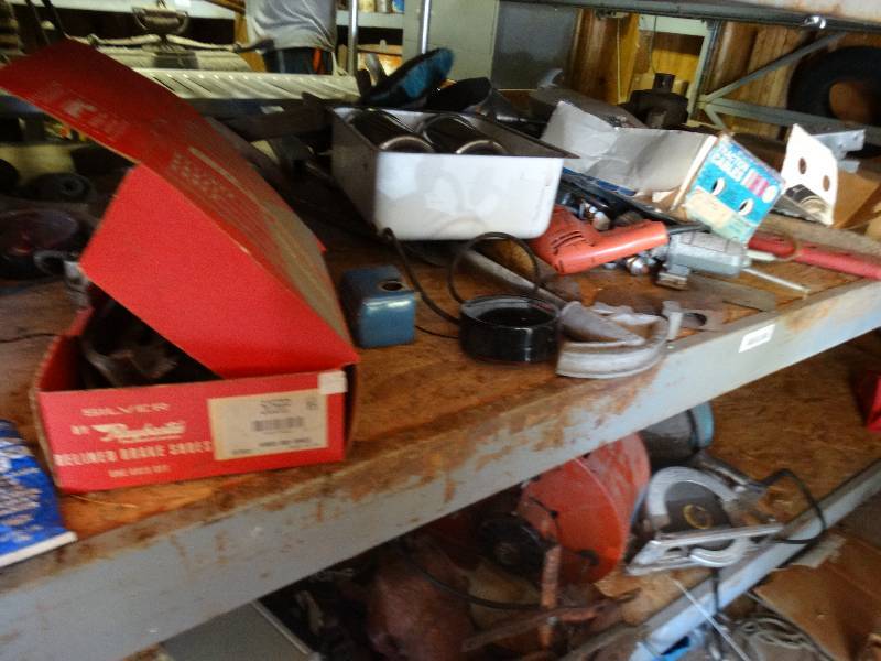 lot 357 image: Traction cables, drill, brake shoes, saw horses & misc.
