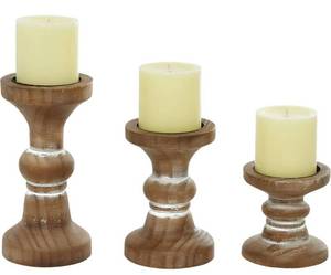lot 13626 image: Deco 79 Wood Beaded Pillar Candle Holder, Set of 3 4, 6, 8H, Brown