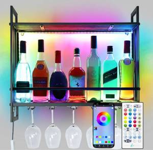 lot 13670 image: RGB IC LED Wine Racks Wall Mounted, Remote Control and 5 Stem Wine Glass Holders, 23.6 in Industrial Metal Hanging Wine Rack, Rustic Bottle Holder Glass Rack, 2-Tiers Bar Shelves for Home (RGB IC)