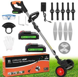lot 13681 image: Weed Eater Battery Powered Weed Wacker with Blades, 3 in 1 Cordless Grass Trimmer Foldable and Lightweight, with 3 Types Blades and 2Pcs Li-Ion Batteries 21V 2Ah Black
