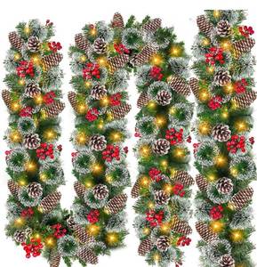 lot 13685 image:  2 Pack & Timer 8 Mode  Prelit Christmas Garland Decoration, Each 9 Ft 100 LED Thick 300 Tips Snowy Bristle Pine 198 Red Berry 18 Pine Cones Battery Operated Mantle Xmas Decor, Total 18 Ft 200 LED