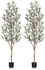 lot 13696 image: Kazeila Artificial Olive Tree 6FT Tall Faux Silk Plant for Home Office Decor Indoor Fake Potted Tree with Natural Wood Trunk and Lifelike Fruits, 2 Pack
