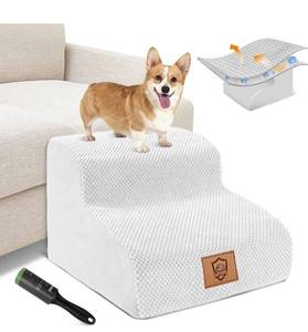 lot 13708 image: Kphico High Density Foam Dog Stairs 2 Tiers,11.8 High Non-Slip Dog Ramp with Washable Cover,Best for Dogs Injured,Older Cats,Pets with Joint Pain