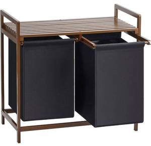 lot 13713 image: WORTHYEAH Bamboo Laundry Hamper 2 Section Double Landry Organizer Basket with Removable Storage Sorter Bags and Shelf Wooden Dual Laundry Sorter with Sliding Handles Brown