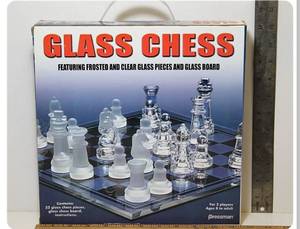lot 15742 image: Glass Chess Set 2006 Pressman Toy #1801 Frosted & Clear Pieces Missing Glass Board
