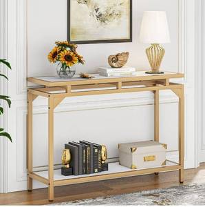 lot 15785 image: Tribesigns Gold Console Table, Marble Entryway Table with 2 Tier Storage Shelf, 40 Narrow Sofa Tables for Living Room, Modern Hallway Accent Entrance Table, White and Gold