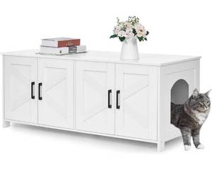 lot 15786 image: Homhedy Cat Litter Box Enclosure for 2 Cats, Litter Box Furniture Hidden with Double Room,Wooden Cat Washroom Furniture,Cat House,47.2 L x 19.7 W x 19.7 H,White