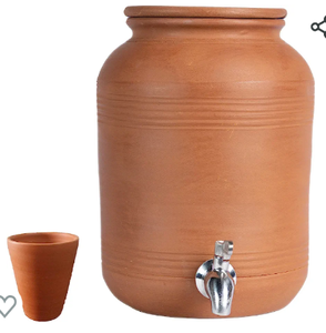 lot 86000007 image: Village Decor Handmade Earthen Clay Water Pot  Clay Beverage Dispenser with Stainless Steel Faucet and Clay Glass, Capacity 6000 ml  202 oz