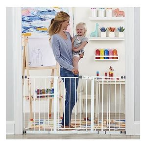 lot 86000018 image: Regalo 56-Inch Extra WideSpan Walk Through Baby Gate, Includes 4-Inch, 8-Inch and 12-Inch Extension, 4 Pack of Pressure Mounts and 4 Pack of Wall Cups and Mounting Kit, White