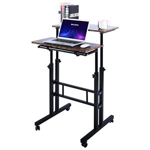 lot 86000082 image: AIZ Double Adjustable Computer Desk Home Office Workstation with Rolling Wheels, Portable Laptop Table for Standing or Sitting, Adults or Children,Brown, Black & Yellow