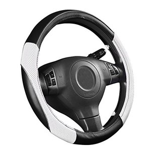 lot 86000283 image: CAR PASS Rainbow Steering Wheel Cover with PVC Leather Universal Fits for Truck,SUV,Cars (Black Warm White)