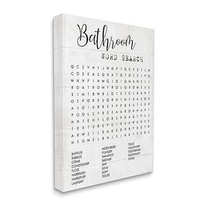 lot 86000039 image: Stupell Industries Bathroom Word Search Fun Family Word Design Canvas Wall Art Design By Artist Daphne Polselli frame is damaged but can be fixed with glue, still in good condition