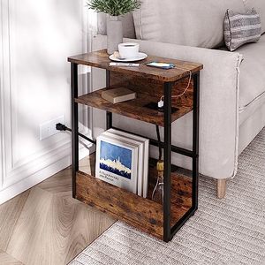 lot 86000180 image: GGWEW Narrow Side Table for Small Spaces, Slim End Table with Charging Station, Sturdy Tables with Storage Shelf and Magazine Rack for Living Room, Easy to Assemble, Vintage Brown