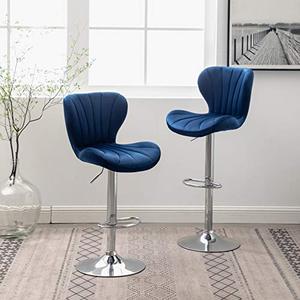 lot 86000197 image: Roundhill Furniture Ellston Velvet Adjustable Swivel Barstools in Blue, Set of 2