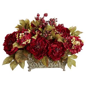 lot 86000129 image: Nearly Natural 4929 18in. Peony & Hydrangea Silk Flower Arrangement,Red,13.75 x 12 x 9.5