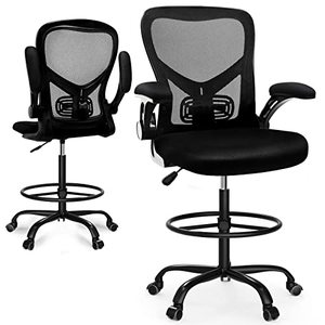 lot 86000256 image: UKOffice Drafting Chair, Ergonomic Mesh Chair Tall Office Chair for Standing Desk, Mid Back Counter Height Desk Chair, Swivel Task Chair with Armrests and Adjustable Foot Ring, Black