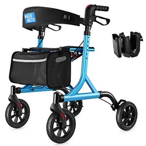 lot 86000225 image: WALK MATE Rollator Walker for Seniors with Cup Holder, Upgraded Thumb Press Button for Height Adjustment, 4 x 8 Wheels Walker with Seat Padded Backrest Folding Lightweight Walking Aid, Blue