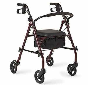 lot 86000235 image: Medline MDS86850ESKD Rollator Walker with Seat, Steel Rolling Walker with 6 Wheels Supports up to 350 lbs, Medical Walker, Burgundy