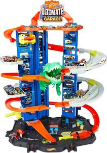 lot 86000299 image: Hot Wheels Toy Car Track Set City Ultimate Garage Moving T-Rex Dinosaur, 100 164 Scale Vehicle Storage, 3-Ft Tall, 2 Toy Cars