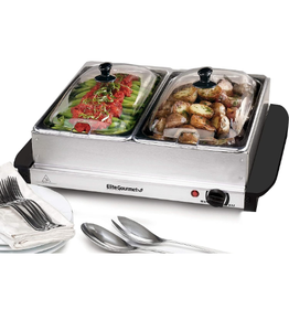 lot 86000343 image: Elite Gourmet EWM-6122 Dual 2 x 2.5 Qt. Trays, Buffet Server, Food Warmer Temperature Control, Clear Slotted Lids, Perfect for Parties, Entertaining & Holidays, 5 Qt Total, Stainless Steel