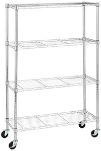 lot 86000349 image: Amazon Basics 4-Shelf Adjustable, Heavy Duty Storage Shelving Unit on 3 Wheel Casters, Metal Organizer Wire Rack, Chrome, 36 L x 14 W x 57.8 H
