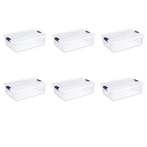 lot 86000350 image: Sterilite 17551706 32 Quart30 Liter ClearView Latch Box, Clear with Sweet Plum Latches, 6-Pack,Sweet Plum Handles