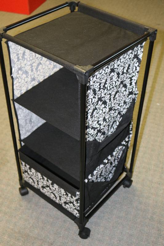 lot 6890 image: Black and White Damask Rolling Organizer Cart