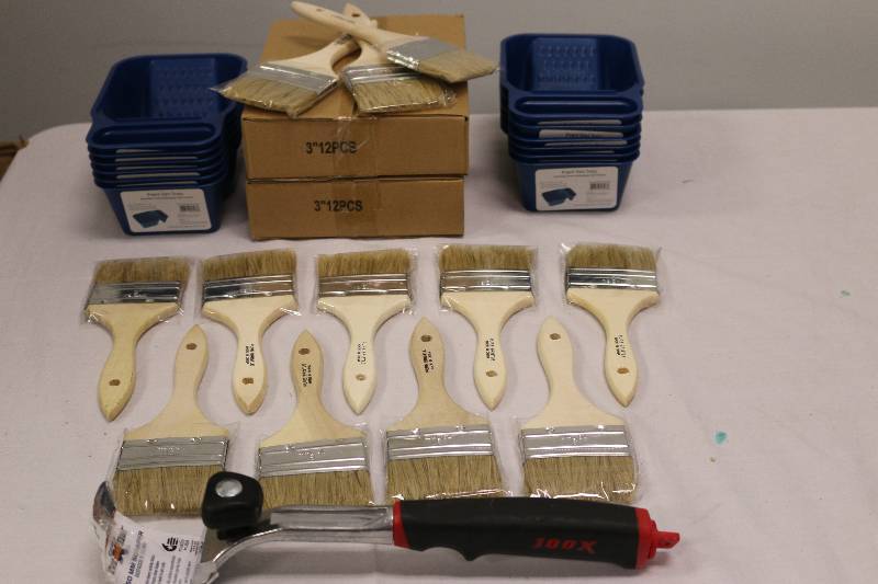 lot 6991 image: Painting Lot 24 Brushes, Paint Trays, 1 Scraper