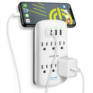 lot 40698 image: Overtime 6 Outlet Extending Surge Protector Multi Outlet Extender Wall Adapter with 4 USB Fast Charging Ports 6 AC Outlets Phone Mount 1200J Surge Protection ETL Certified