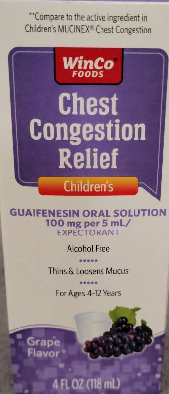 lot 500431 image: WINCO FOODD CHEST CONGESTION RELIEF CHILDRENS GRAPE FLAVOR 4 FL OZ