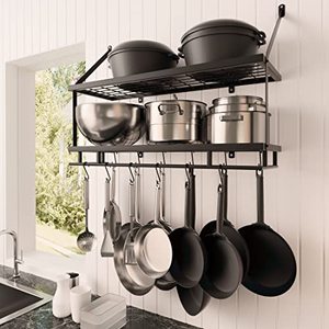 lot 43544 image: KES 30-Inch Kitchen Pot Rack - Mounted Hanging Rack for Kitchen Storage and Organization- Matte Black 2-Tier Wall Shelf for Pots and Pans with 12 Hooks - KUR215S75B-BK