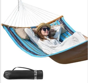 lot 43545 image: Double Hammock, 11 FT Quilted Fabric 2 Person Hammock for Outside with Pillow, Folding Curved Spreader Bar, Chains, Carrying Bag, Indoor Outdoor, 450 IB Capacity, Royal Blue