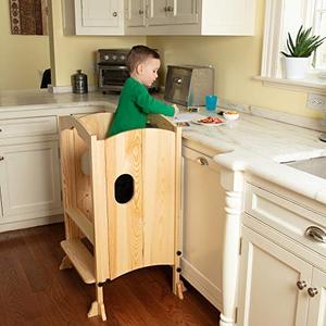lot 43559 image: Wooden Kitchen Tower Step Stool Helper for Kids & Toddlers - Stand w 3 Adjustable Heights, Safety Rail & Treads, and Kitchen Knob Protector - Folds Flat for Easy Storage