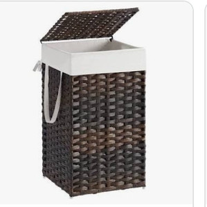 lot 43601 image: SONGMICS Laundry Hamper with Lid, 17.2 Gallon (65L) Synthetic Rattan Clothes Laundry Basket with Lid and Handles, Foldable, Removable Liner, Brown ULCB165K01