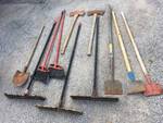 LARGE ASSORTMENT OF BROOMS, AXES AND SCRAPERS