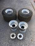 TRACTOR PULLING TURF TIRES WITH ALUMINUM RIMS AND EXTENSION HUBS 18X9.50-8