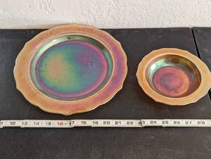 lot 596 image: (2) Vintage Iridescent Orange Plates.