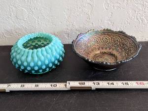 lot 607 image: Vintage Fenton Persian Medallion Blue Carnival Glass and Blue Crimped Hobnail Dish.