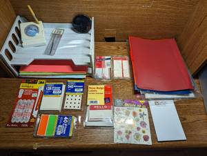 lot 631 image: Construction Paper, Various Labels, Command Strips, and Plastic Paper Organizer.