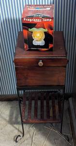 lot 741 image: Fragrance Lamp and Wooden Chest on Metal Stand.