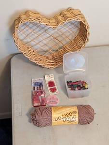 lot 750 image: Heart Basket, Yarn, Sewing Kits and Thread.